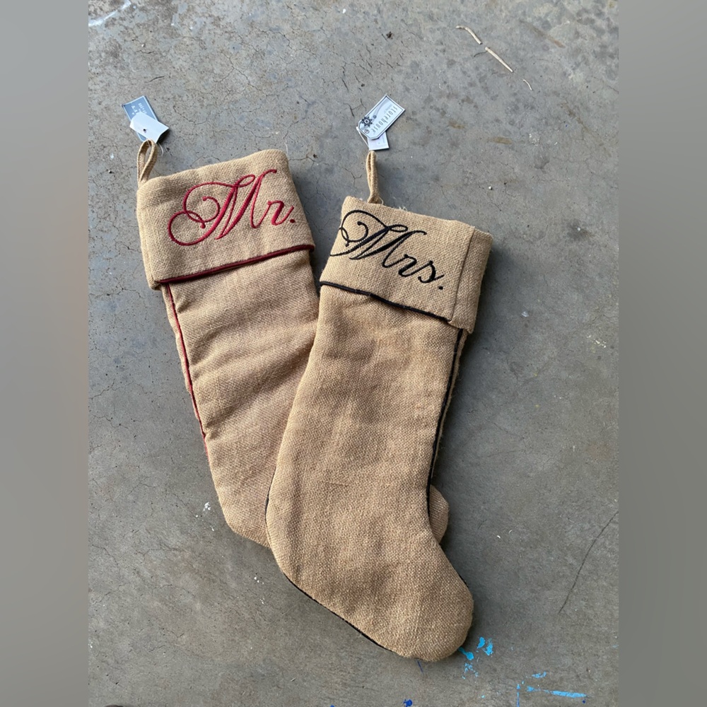 Couples Burlap Christmas Stockings Mr & Mrs BNWT Storehouse Stockings